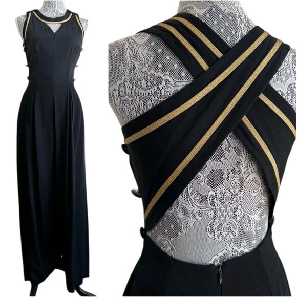 Vintage Black Palazzo Jumpsuit Size 4 Gold Trim Open Back 70s 80s Wide Leg Women - Picture 1 of 12